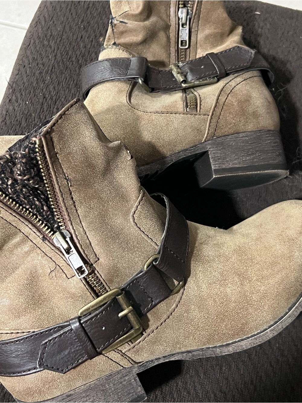 Jellypop Taupe Suede-Look Ankle Booties with Dark Brown Buckle